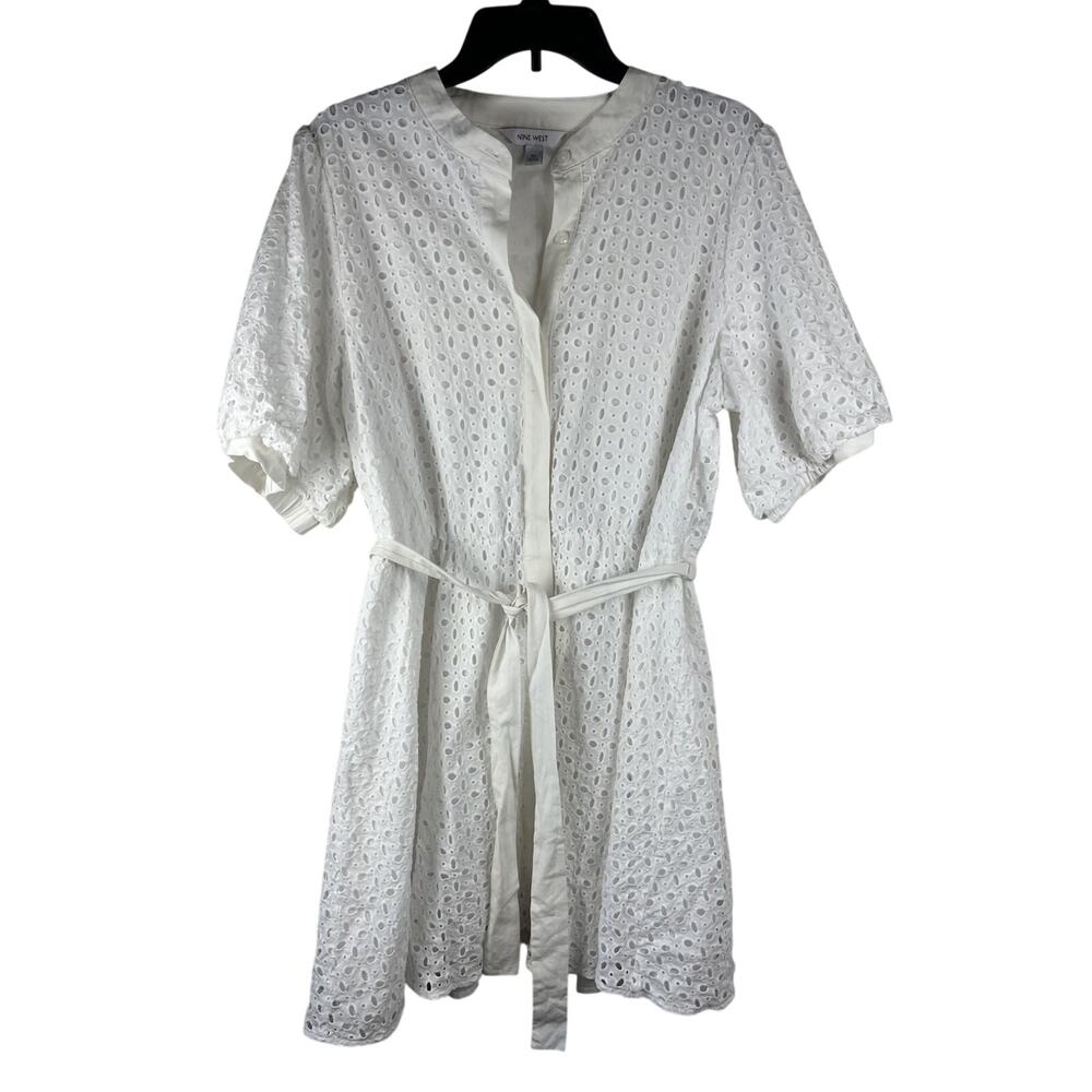 Nine West White Eyelet Fit & Flare Dress Collared Button Puff Sleeve Short XL